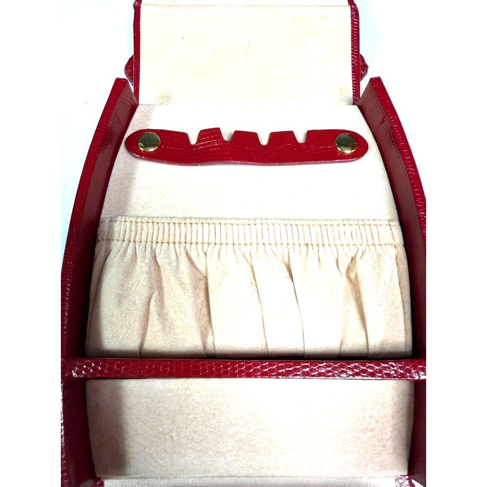 Vintage Red Lizard Embossed Jewelry Train Case Vanity Box Mirror Gold Tone EUC - Picture 7 of 13